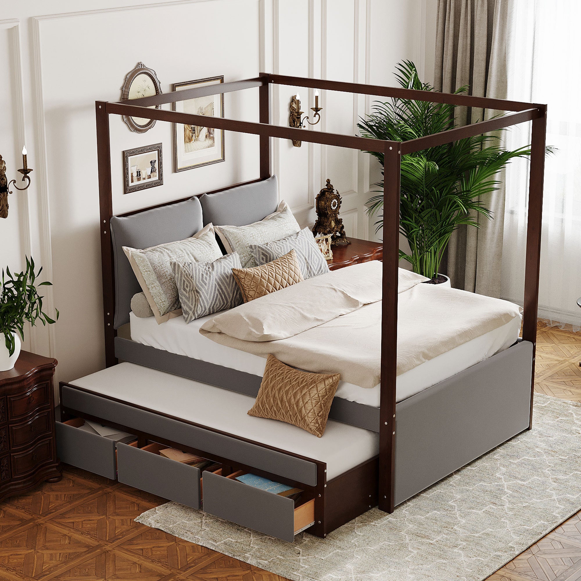 Full Size Upholstered  Canopy Bed with Trundle and 3 Drawers, Gray - Atlantic Fine Furniture Melbourne FL