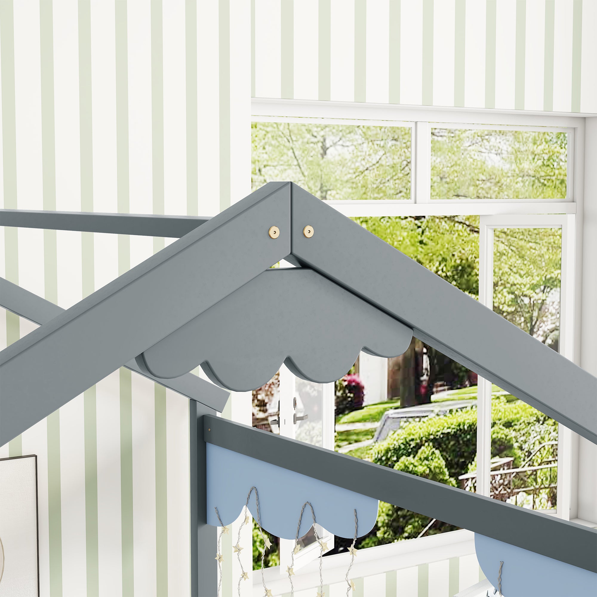 Double Twin House-Style Floor Bed with Fence, Guardrails, without door, Grey