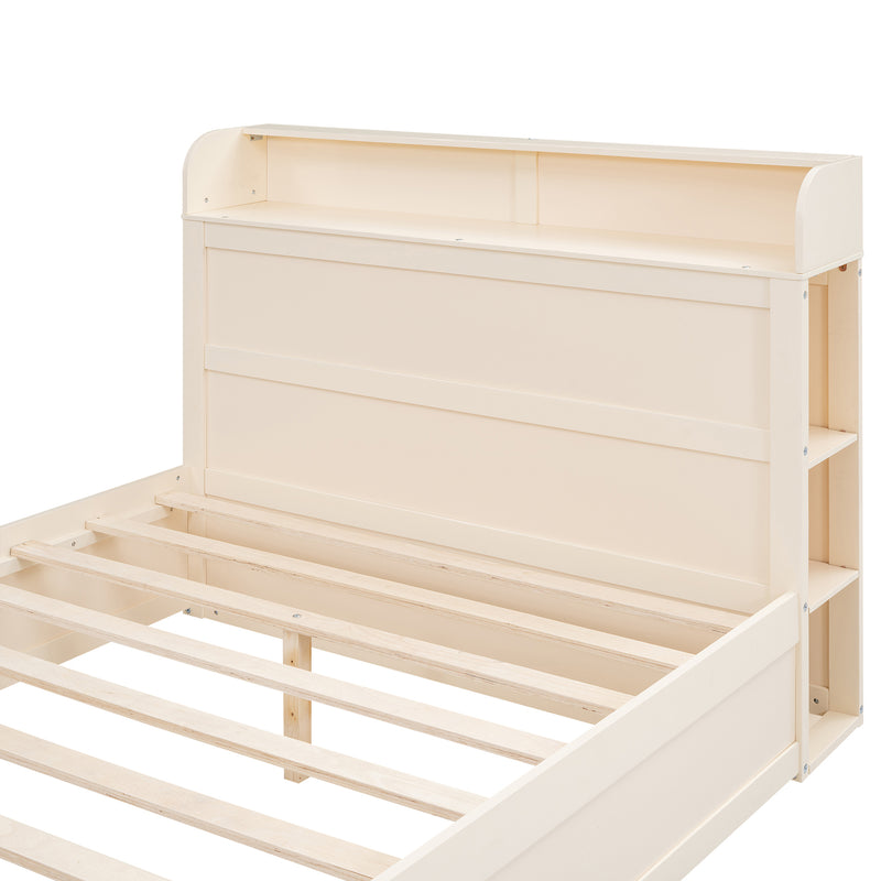 Full Size Platform Bed with Storage Headboard and a Big Drawer, Cream