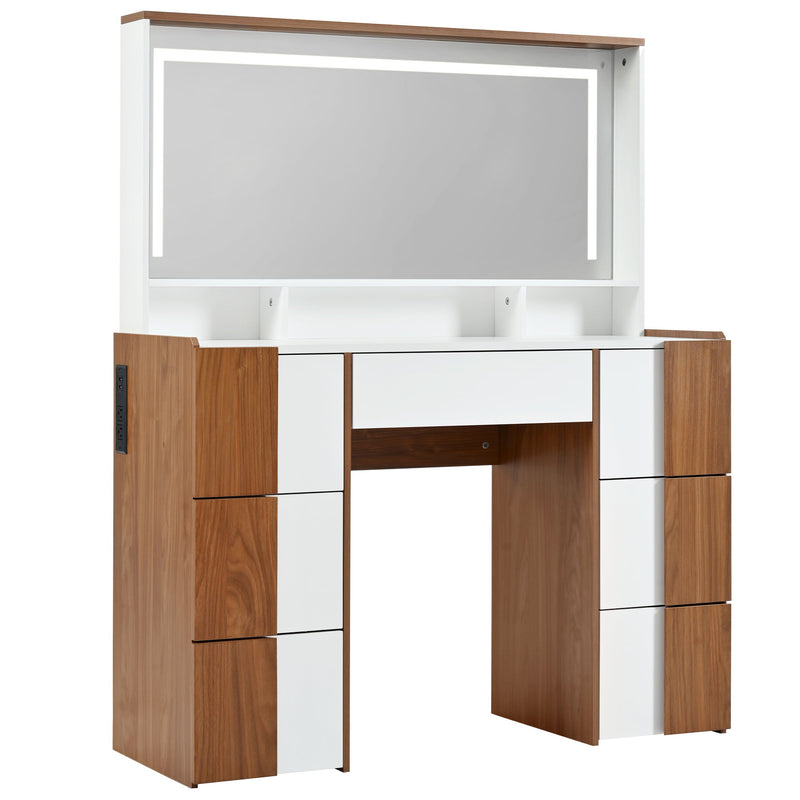 Elegant Vanity Table With Large Lighted Mirror & Power Outlet, Dressing Table With 7 Drawers & Shelves, Vanity Desk With Brown Solid Wood Style Stickers - Brown / White