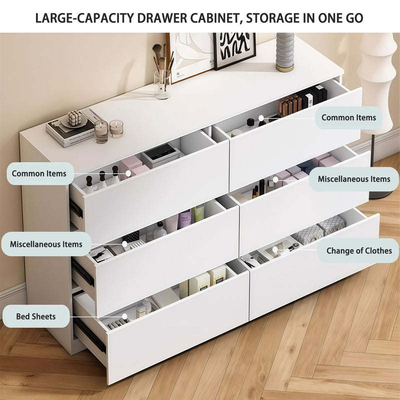 Modern 6 Drawer Dresser With Spacious Countertop And Concealed Handles, Storage Cabinet For Bedroom And Living Room - White