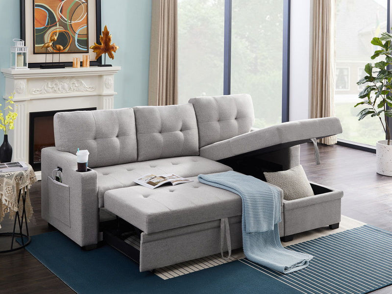 Mabel - Linen Fabric Sleeper Sectional With Cupholder, USB Charging Port And Pocket