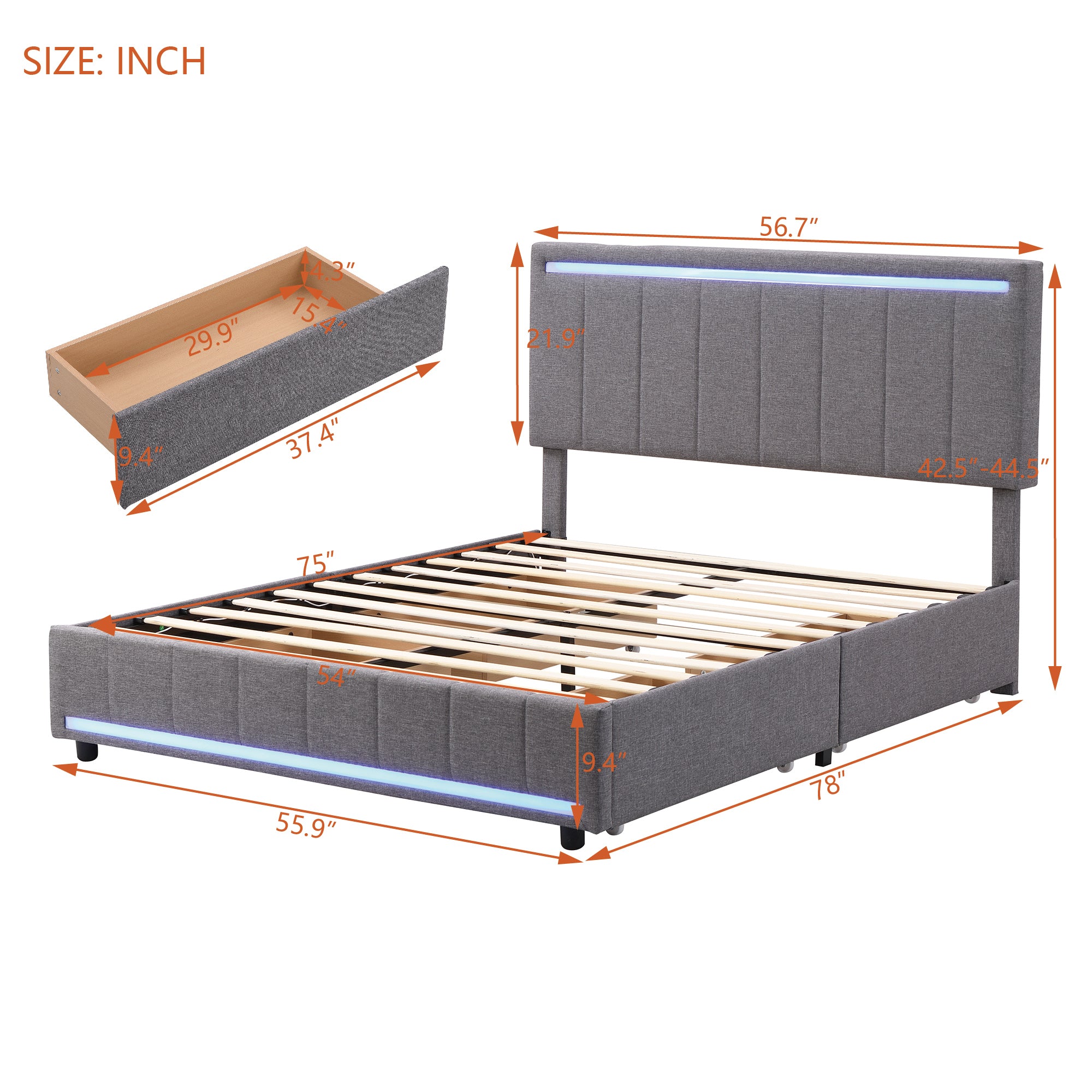 Full Size Upholstered Bed with LED Light and 4 Drawers,  Modern Platform Bed with a set of Sockets and USB Ports, Linen Fabric, Gray - Atlantic Fine Furniture Melbourne FL