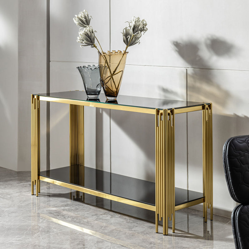 Modern Glass Top Mirror Stainless Steel Console Table For Living Room, Tempered Glass - Black / Gold