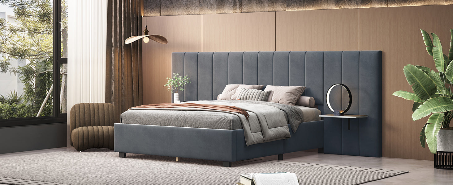Queen Size Upholstered Platform Bed with Big Headboard, Bedroom Furniture, Velvet, Gray - Atlantic Fine Furniture Melbourne FL