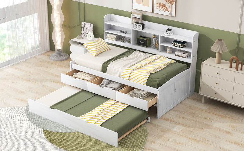 Twin Size Wooden Captain Bed with Built-in Bookshelves,Three Storage Drawers and Trundle, White Wash