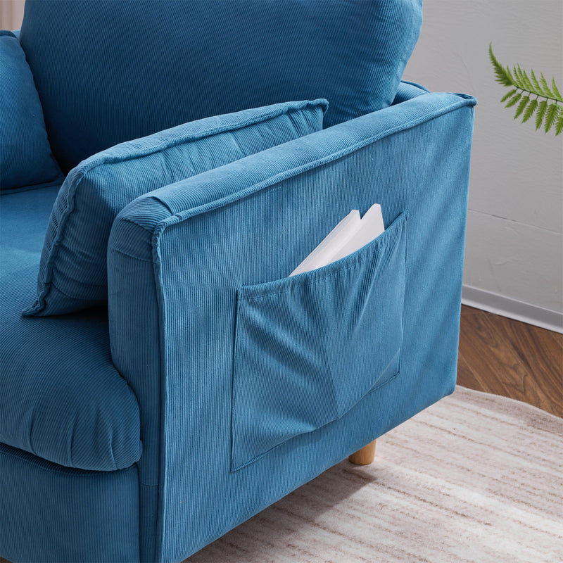 29.5" W Modern Fabric Decorative Chair Armchair Upholstered Reading Chair Single Sofa Casual Club Chair With Solid Wooden Feet And 2 Pillow, For Living Room, Bedroom, Bed Room, Office, Corduroy Fabric - Blue