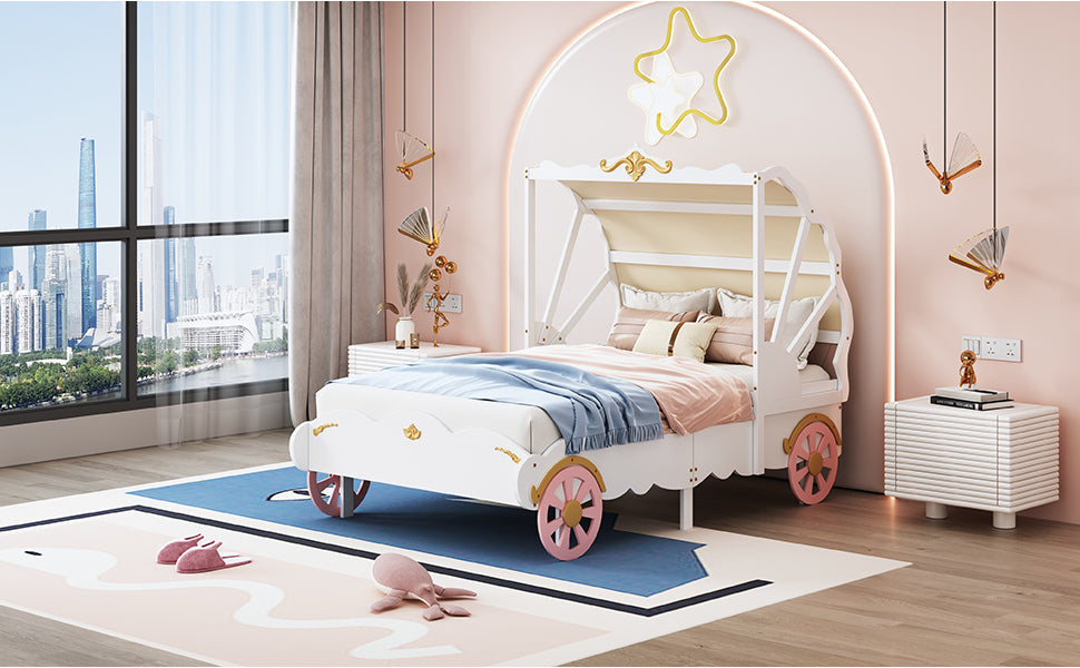 Twin Size Princess Carriage Bed with Canopy, Wood Platform Car Bed with 3D Carving Pattern, White+Pink+Gold - Atlantic Fine Furniture Melbourne FL