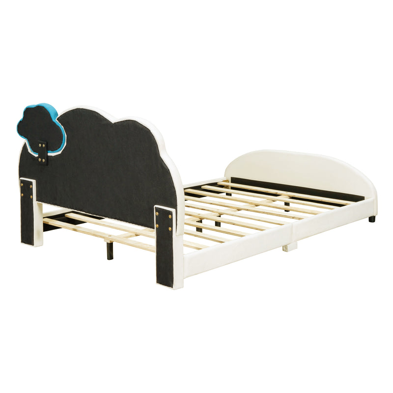 Full Size Upholstered Platform Bed with Cloud-Shaped Headboard and Embedded Light Stripe, Velvet, Beige