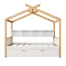 Wooden House Bed Original Wood Colored Frame With Bookshelf Storage Space