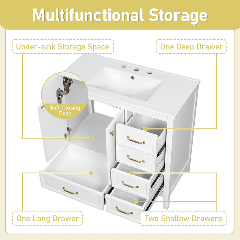 Elegant Vintage Bathroom Vanity With Sink And Soft Closing Door, 4 Drawers Of Different Sizes Frame
