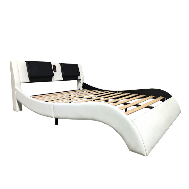 Upholstered Platform Bed Frame With LED Lighting, Bluetooth Connection To Play Music Control, Backrest Vibration Massage, Curve Design, Wood Slat Support