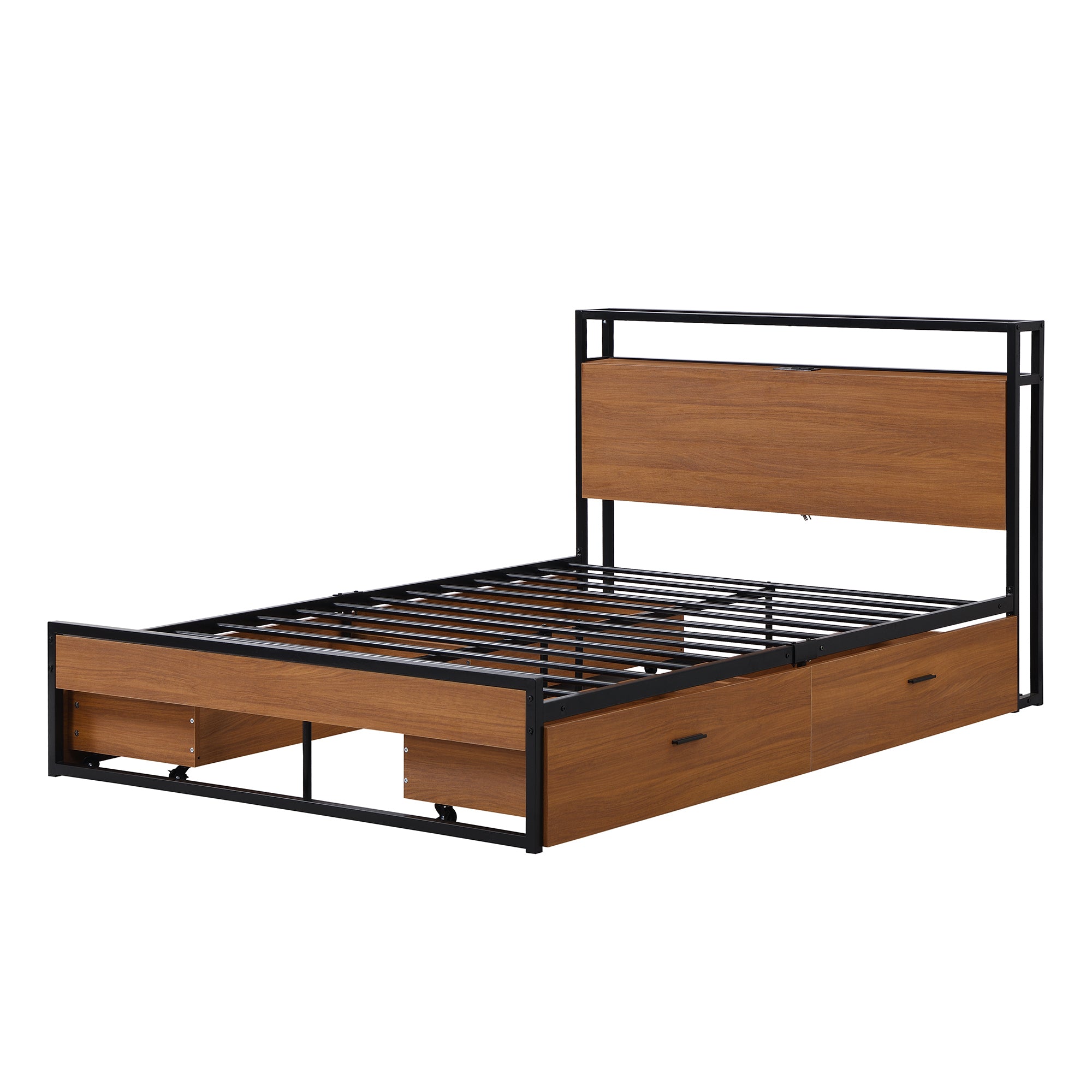 Full Size Metal Platform Bed Frame with  Four Drawers,Sockets and USB Ports ,Slat Support No Box Spring Needed Black - Atlantic Fine Furniture Melbourne FL