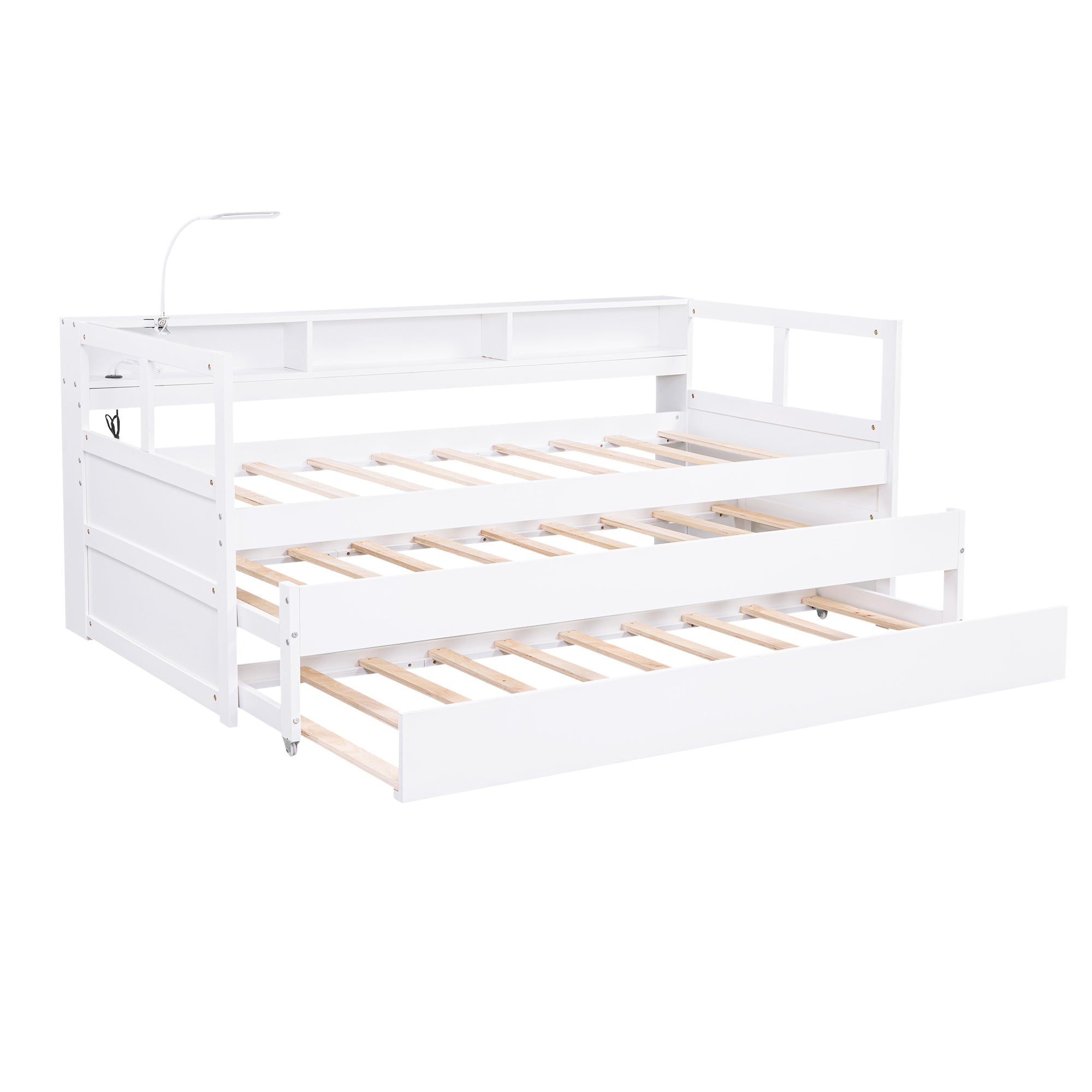 Twin XL Wood Daybed with 2 Trundles, 3 Storage Cubbies, 1 Light for Free and USB Charging Design, White - Atlantic Fine Furniture Melbourne FL