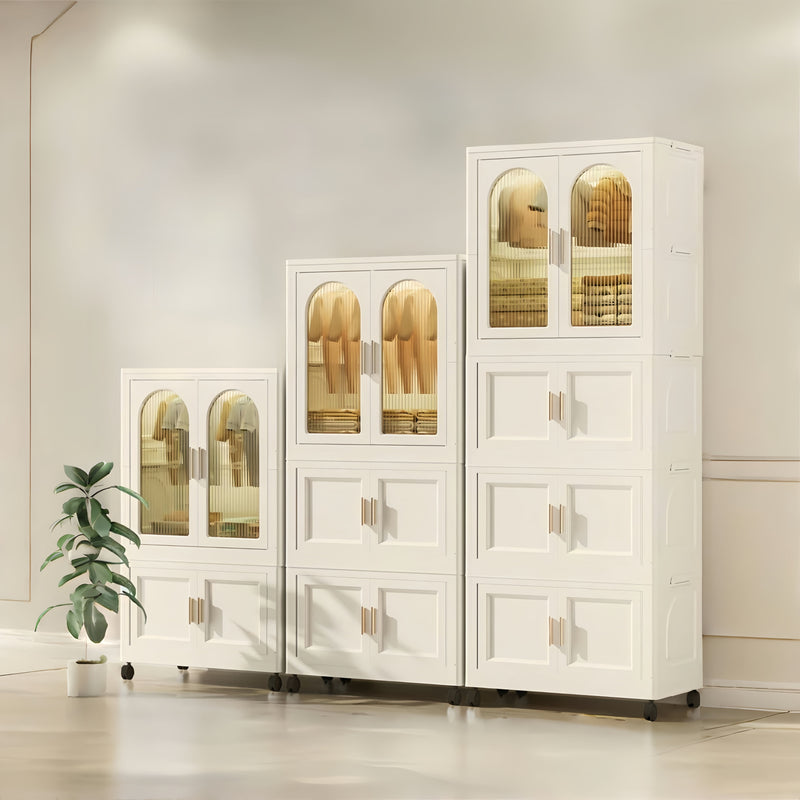 Side Wide Folding Wardrobe, With Magnetic Door, Plastic Storage Cabinet With Wheels (1 Layer Of Wardrobe + 2 Layers Of Folding Boxes + 10 Hangers) - Cream White