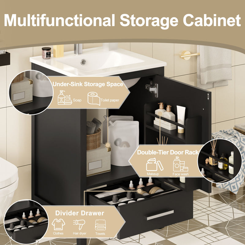 Bathroom Vanity With Ceramic Sink, Soft Close Drawers, Door Organizer, Divider Drawer, Adjustable Foot Pads
