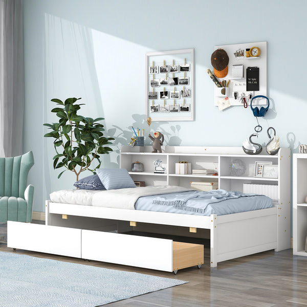 Twin Bed with Side Bookcase, Drawers,White