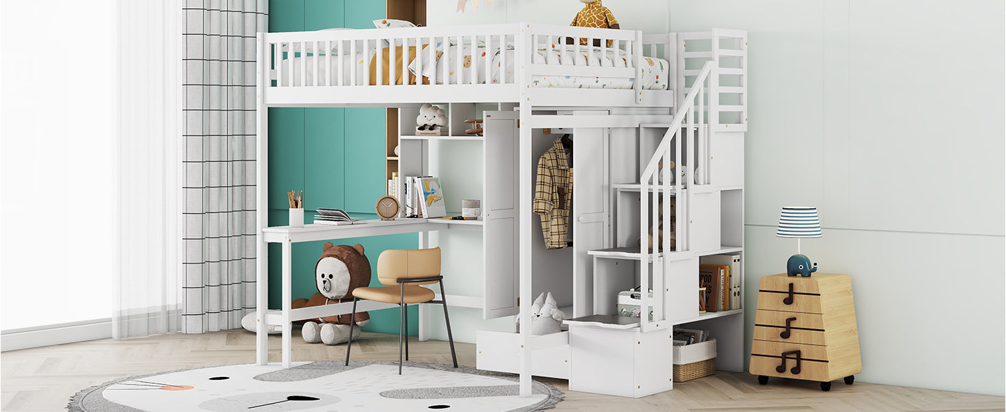 Full size Loft Bed with Bookshelf,Drawers,Desk,and Wardrobe-White - Atlantic Fine Furniture Melbourne FL