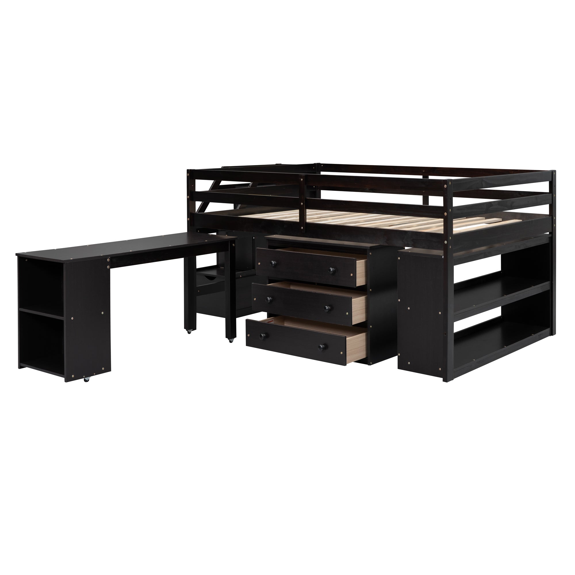 Full Size Loft Bed with Retractable Writing Desk and 3 Drawers, Wooden Loft Bed with Storage Stairs and Shelves, Espresso - Atlantic Fine Furniture Melbourne FL