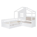 House Bed With Sofa, Kids Platform Bed With 2 Drawers And Storage Shelf