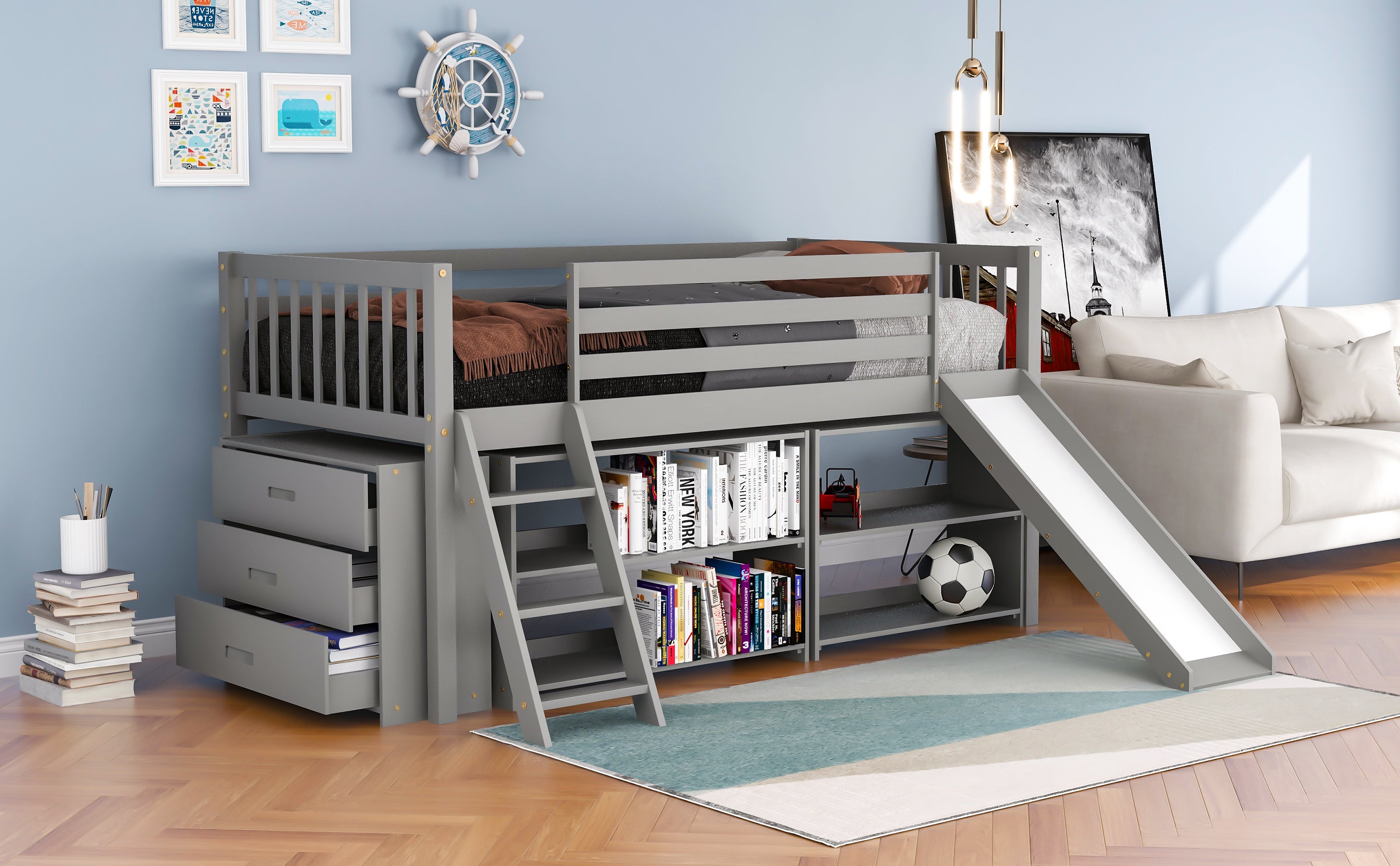 Low Loft Bed with Attached Bookcases and Separate 3-tier Drawers,Convertible Ladder and Slide,Twin,Gray - Atlantic Fine Furniture Melbourne FL