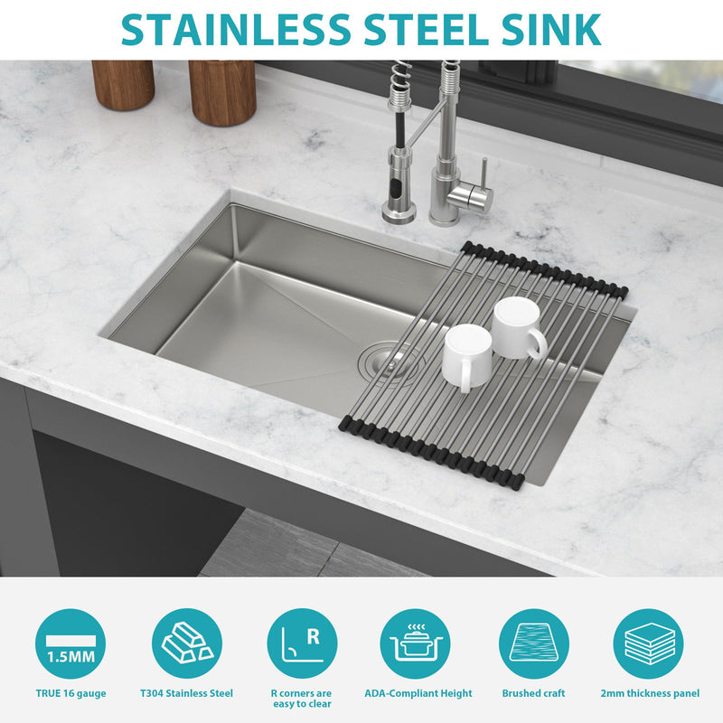Ada-Compliant Undermount Kitchen Sink, Low Depth Single Bowl - Brushed Nickel