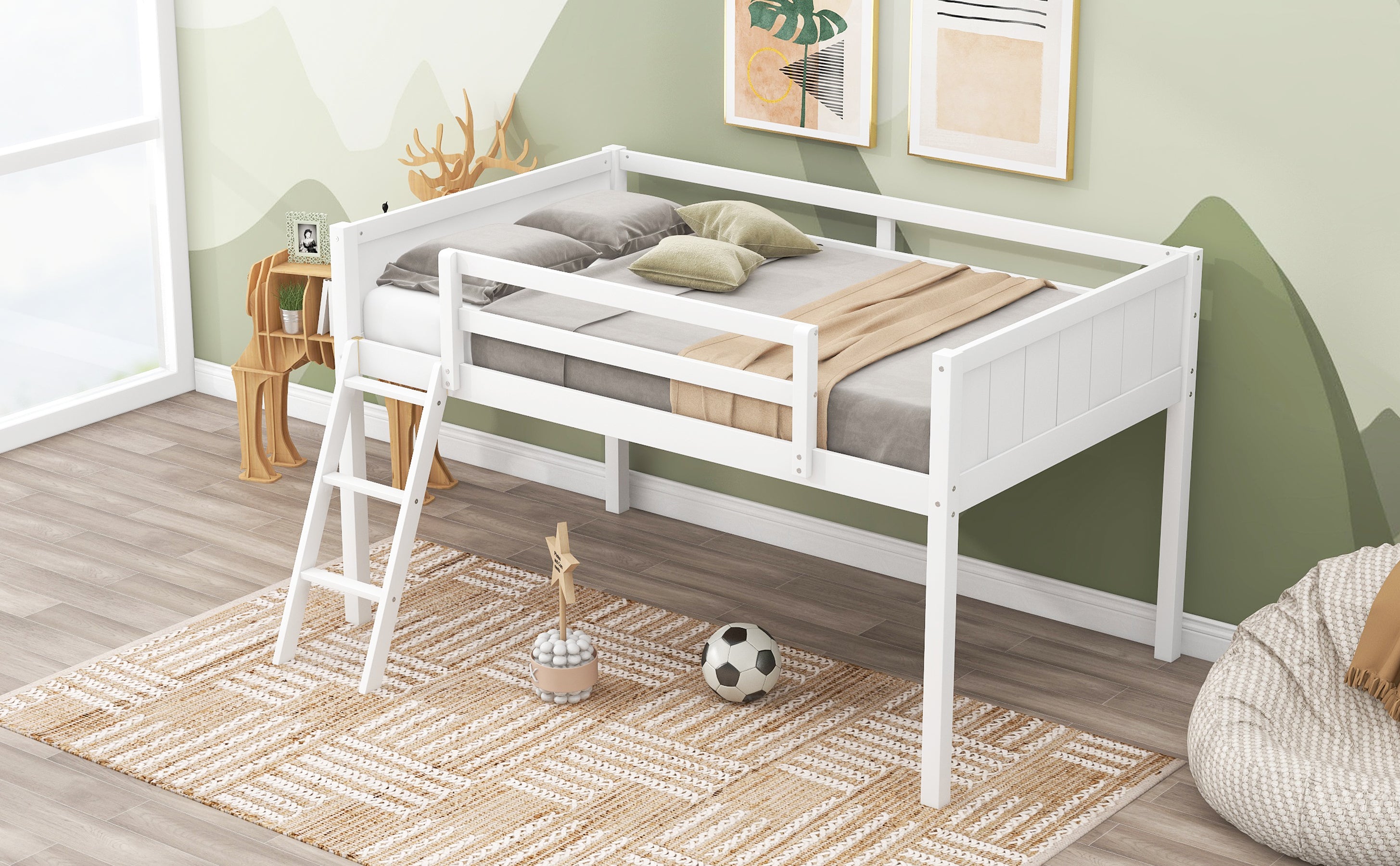 Twin Size Wood Loft Bed with Ladder, ladder can be placed on the left or right, White - Atlantic Fine Furniture Melbourne FL