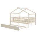 Full Size Wooden House Bed with Twin Size Trundle, Natural