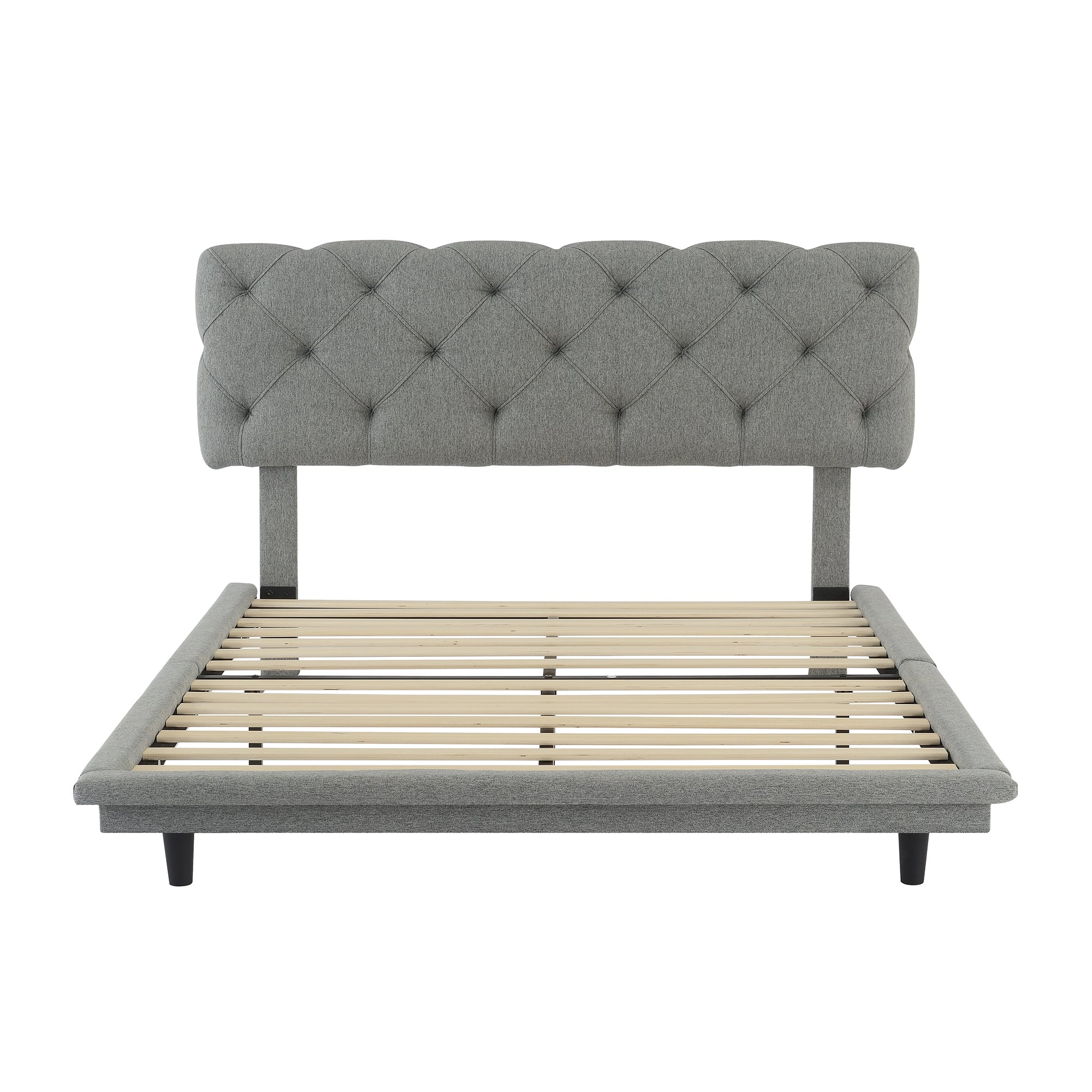 Full Size Upholstered Bed with Light Stripe, Floating Platform Bed, Linen Fabric,Gray - Atlantic Fine Furniture Melbourne FL