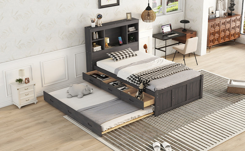 Twin Size Platform Bed with Storage Headboard, Charging Station, Twin Size Trundle and 3 Drawers, Antique Brown