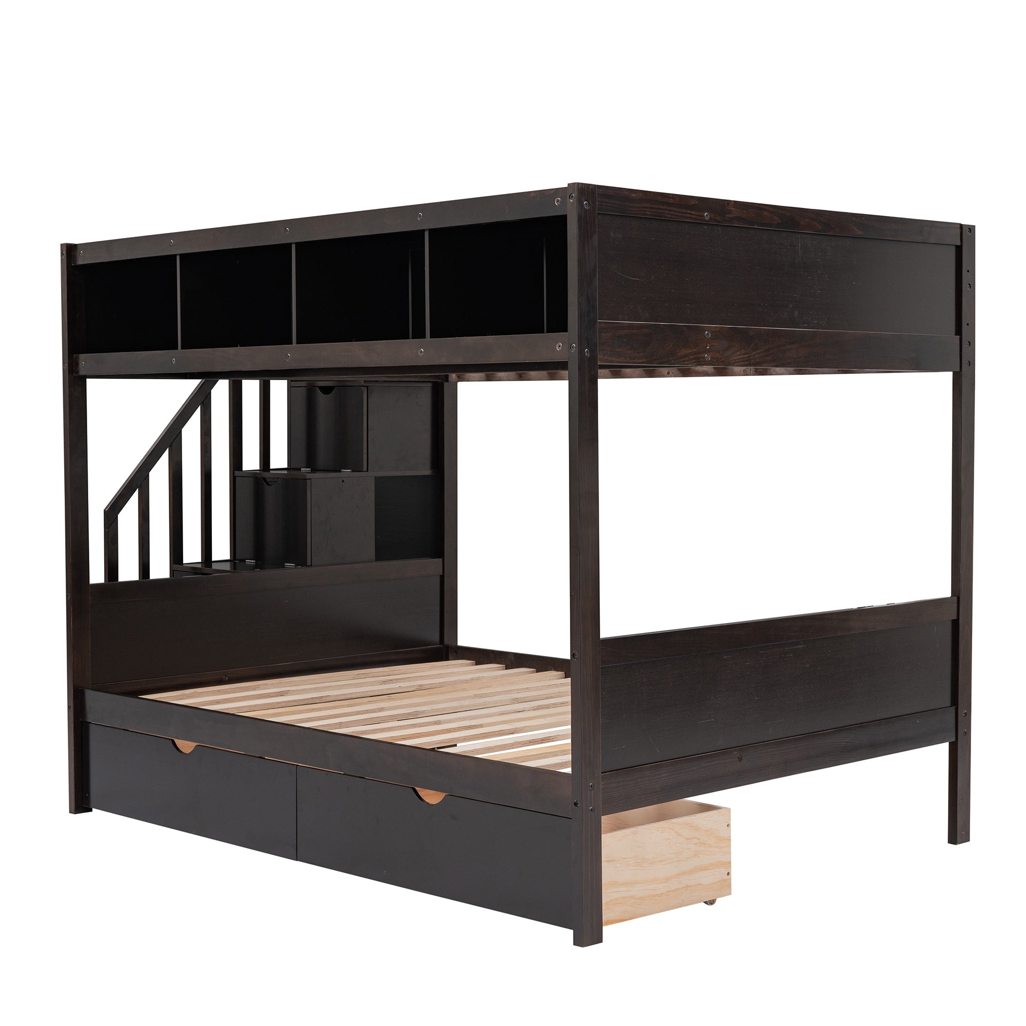 Twin over Full Bunk Bed with Shelfs, Storage Staircase and 2 Drawers, Espresso - Atlantic Fine Furniture Melbourne FL