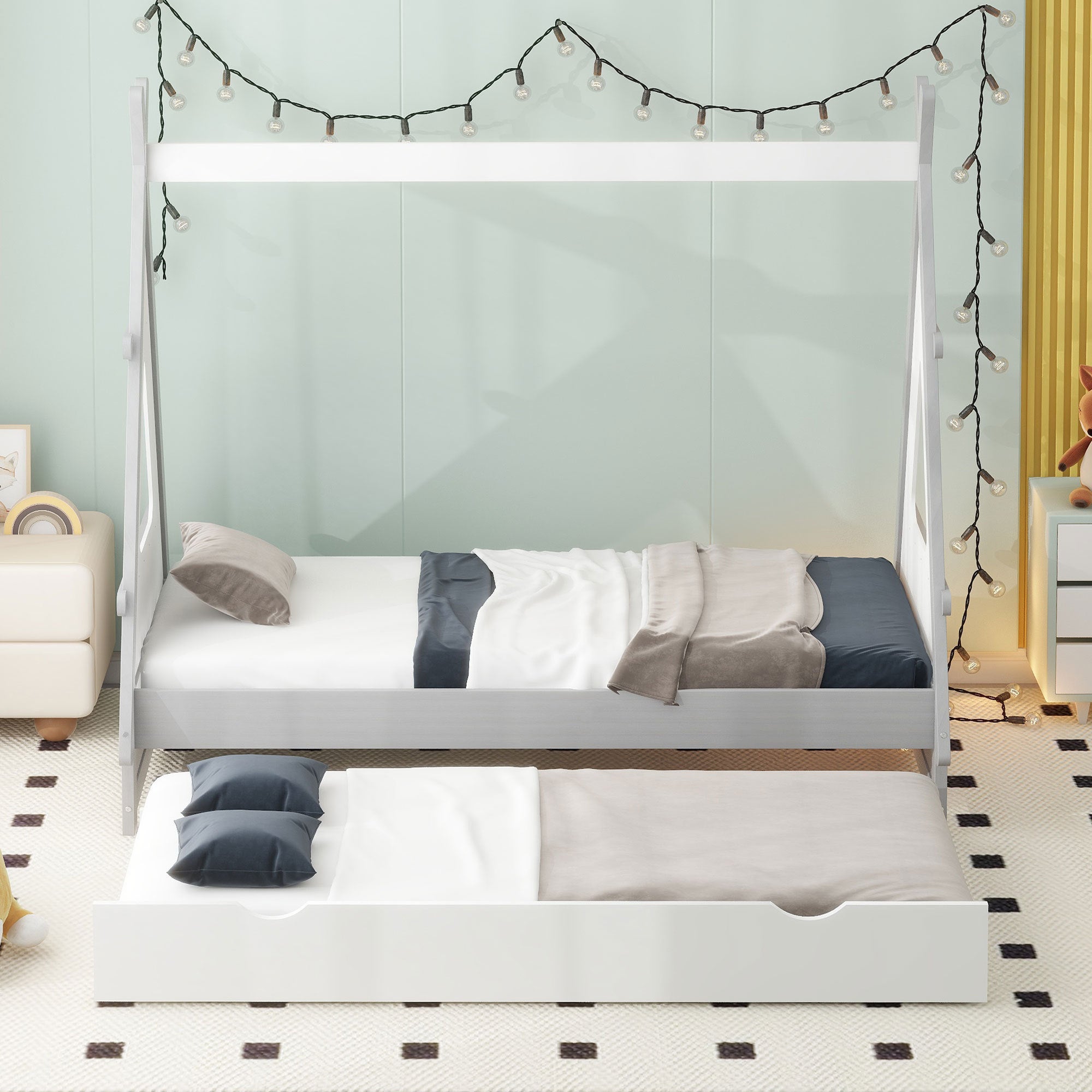 Twin Size Tent Floor Bed with Pull-out Twin Size Trundle, White - Atlantic Fine Furniture Melbourne FL