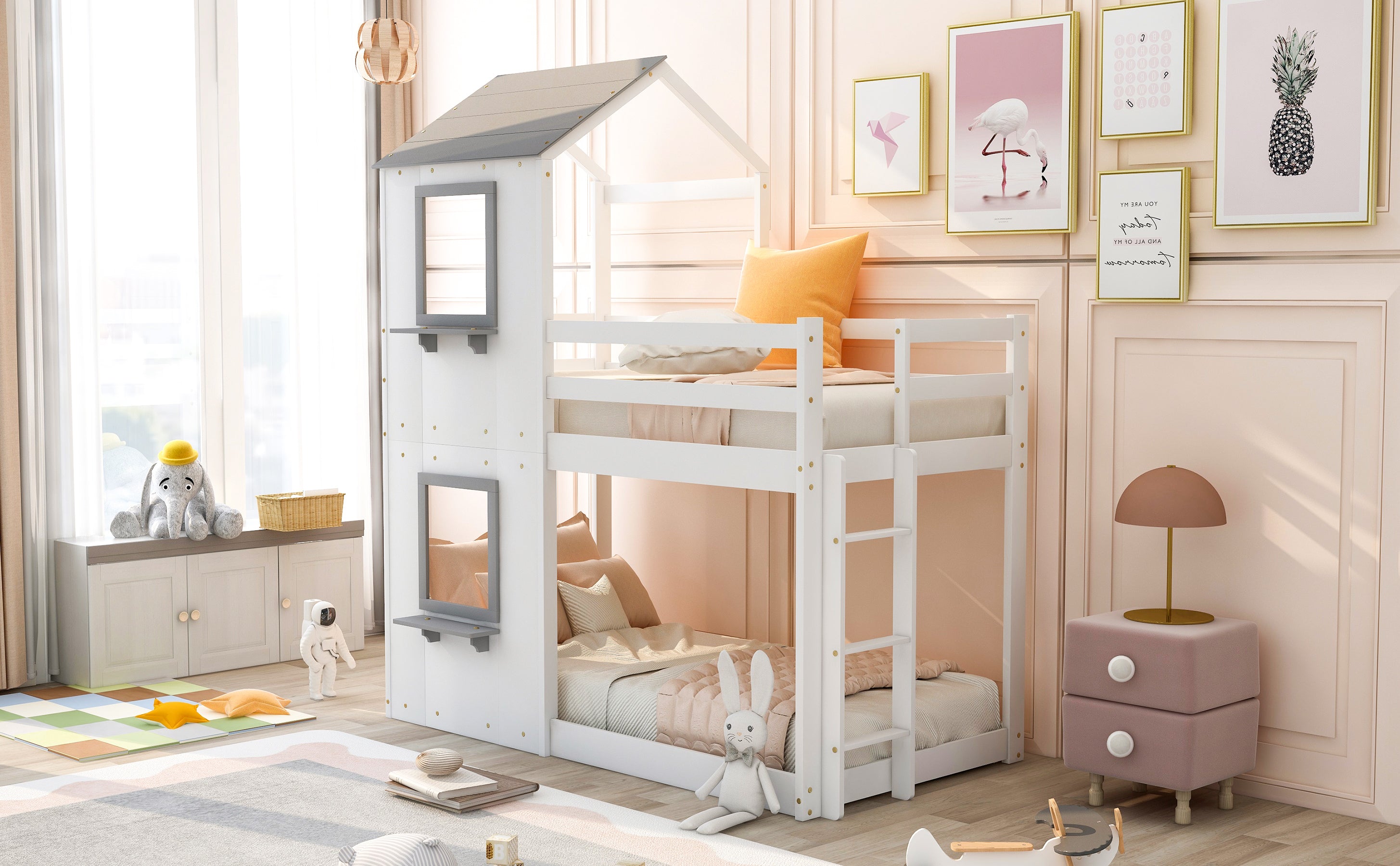 Twin Over Twin Bunk Bed Wood Bed with Roof, Window, Guardrail, Ladder (White)(OLD SKU :LP000056AAK) - Atlantic Fine Furniture Melbourne FL