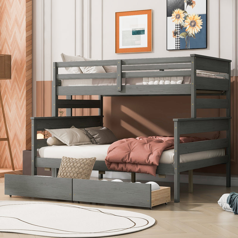 Wood Twin over Full Bunk Bed with 2 Drawers, Gray