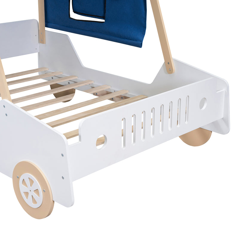 Full Size Car Shaped Bed with Tents,White+Natural