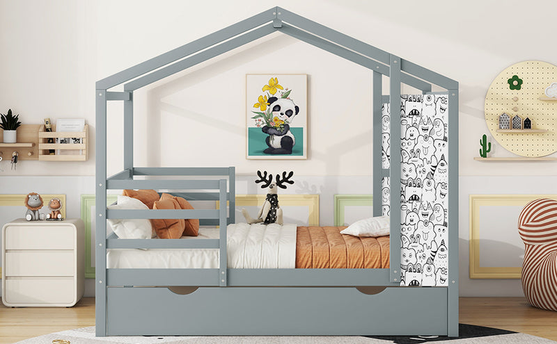 Full Size Wood House Bed with Fence and Writing Board, Gray