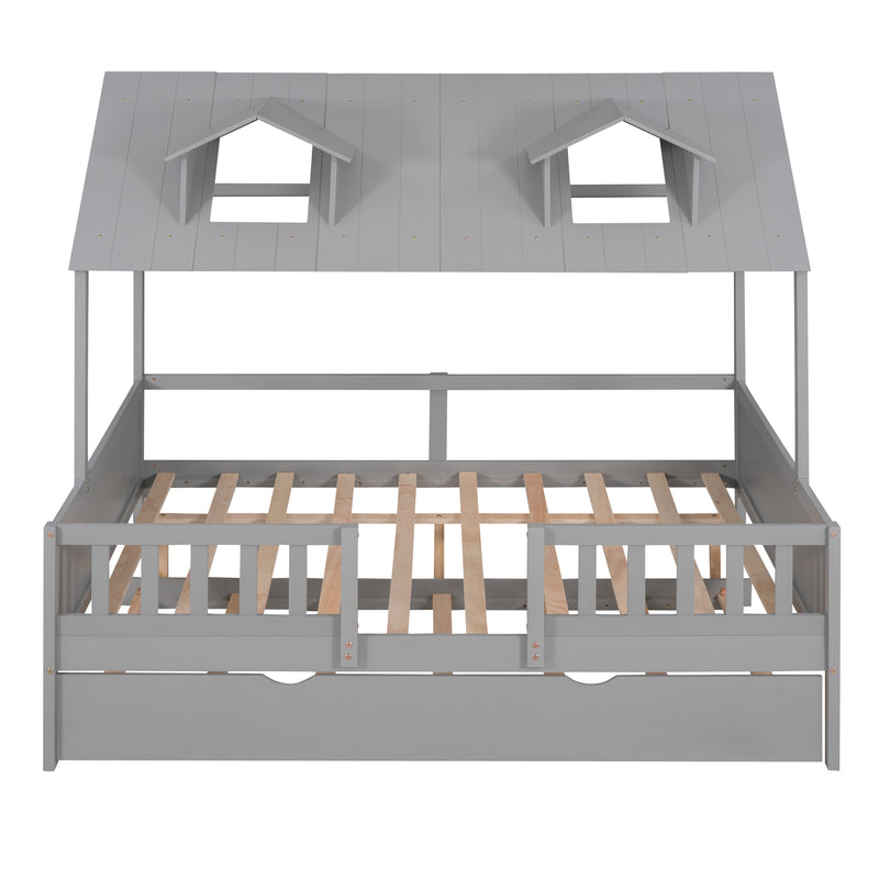 Full Size House Bed Wood Bed with  Twin Size Trundle ( Gray )