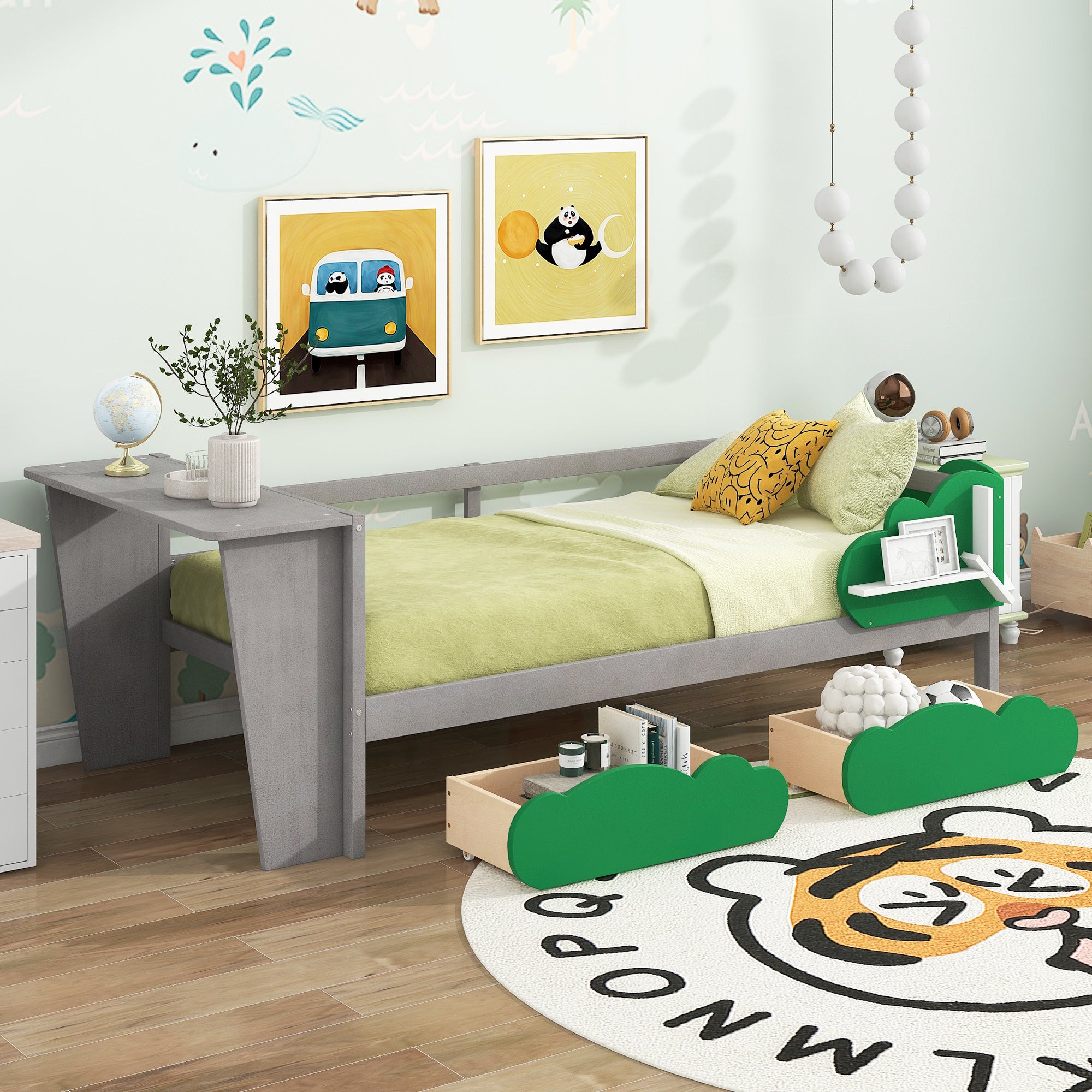 Twin Size Daybed with Desk, Green Leaf Shape Drawers and Shelves, Gray - Atlantic Fine Furniture Melbourne FL