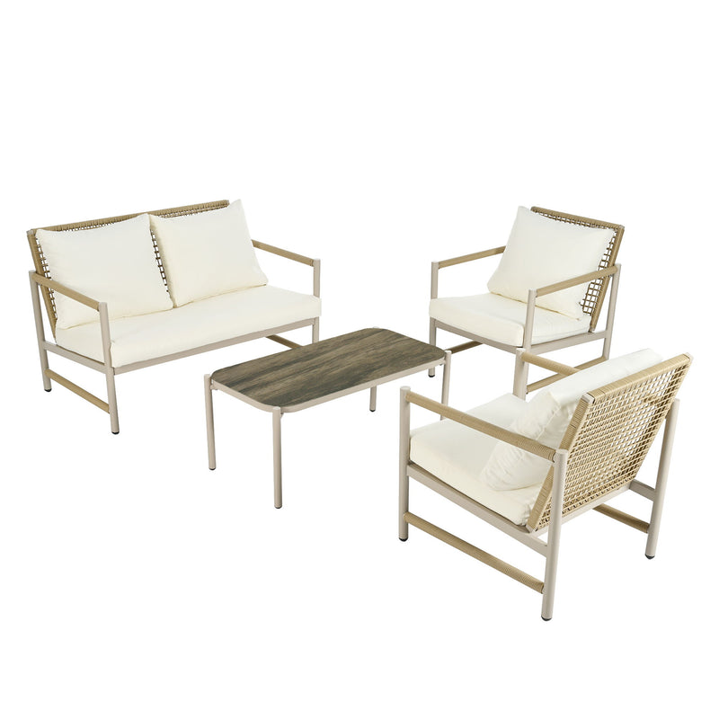 4 Pieces Patio Furniture Set, PE Rattan Wicker With Washable Cushion And Tempered Glass Tabletop, Conversation Furniture For Garden Poolside Balcony