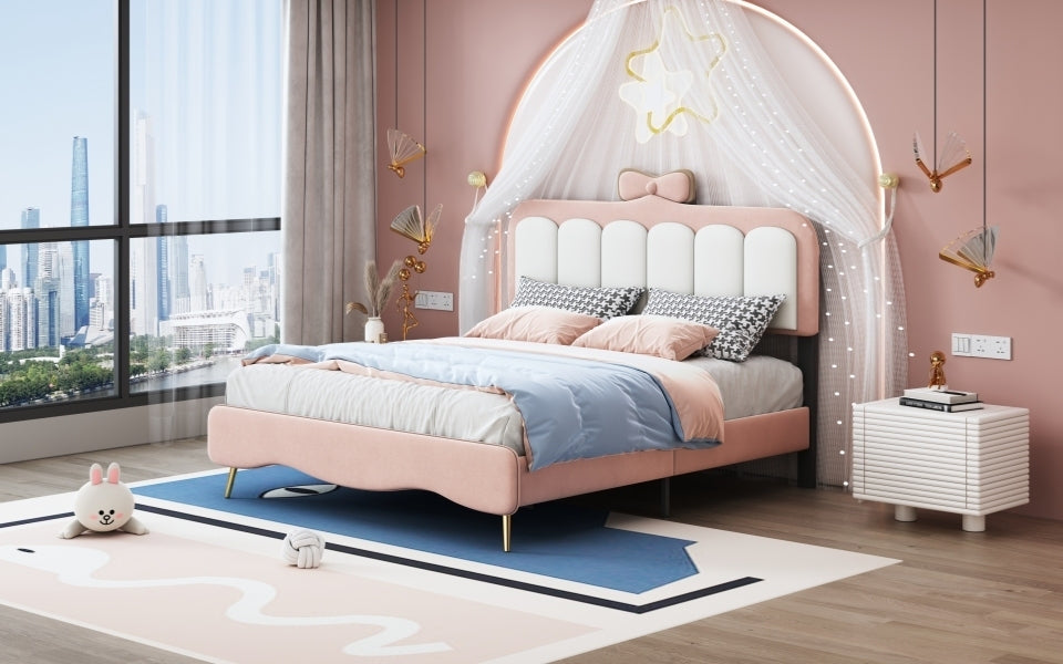 Full size Velvet Princess Bed With bow-knot Headboard,Full Size Platform Bed with Headboard and Footboard,White+Pink