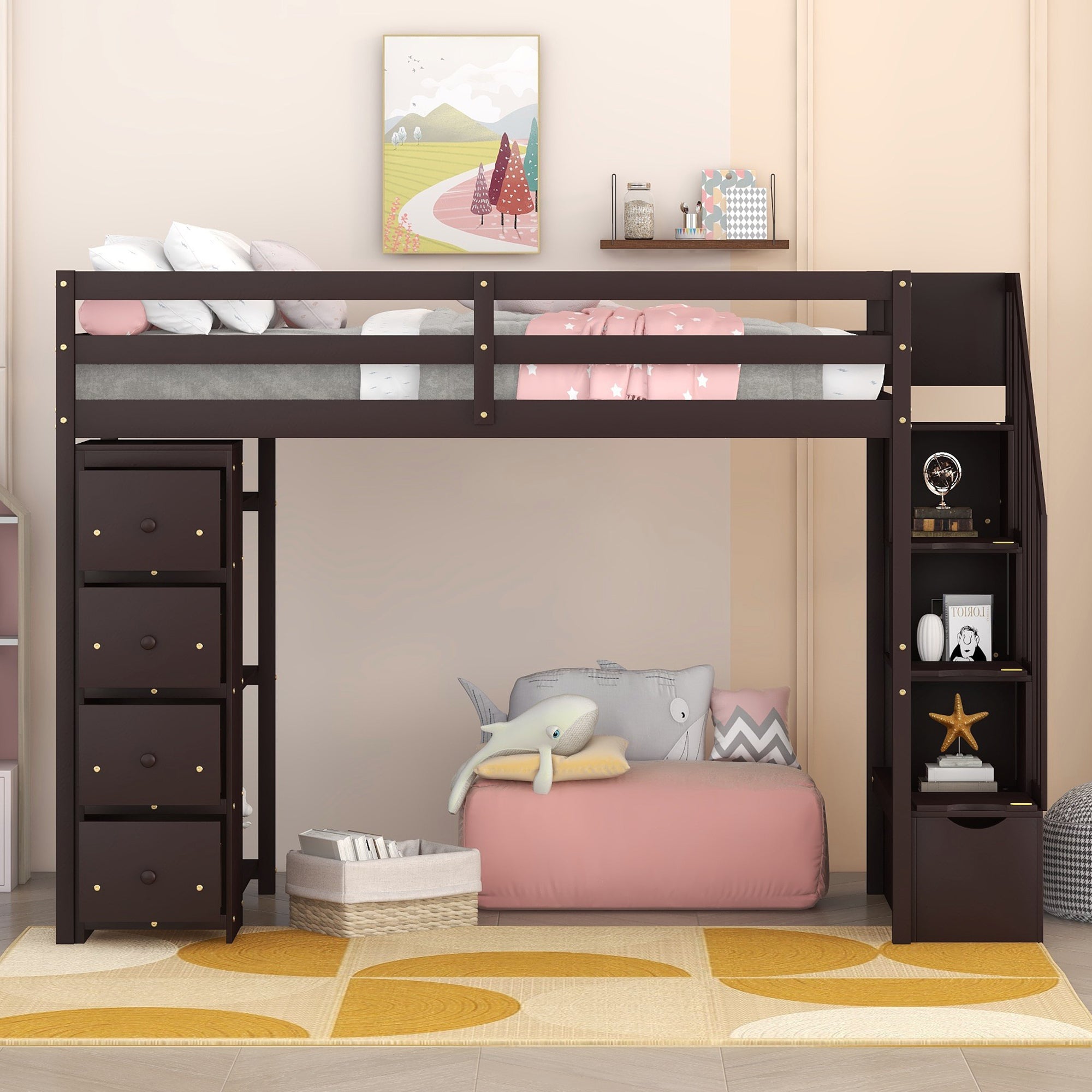 Twin size Loft Bed with Storage Drawers and Stairs, Wooden Loft Bed with Shelves - Espresso - Atlantic Fine Furniture Melbourne FL