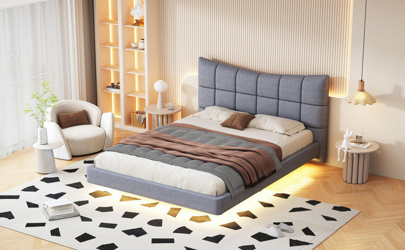 Full Size Upholstered Platform Bed With LED Lights, USB Ports And Outlets - Gray