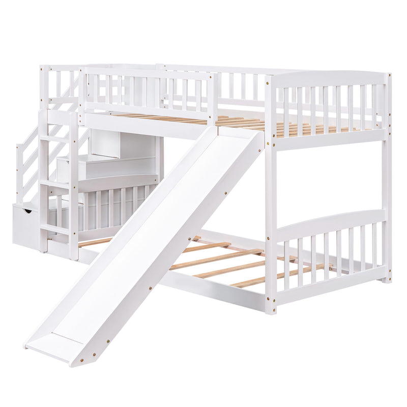 Stairway Twin Over Twin Bunk Bed With Two Drawers And Slide - White