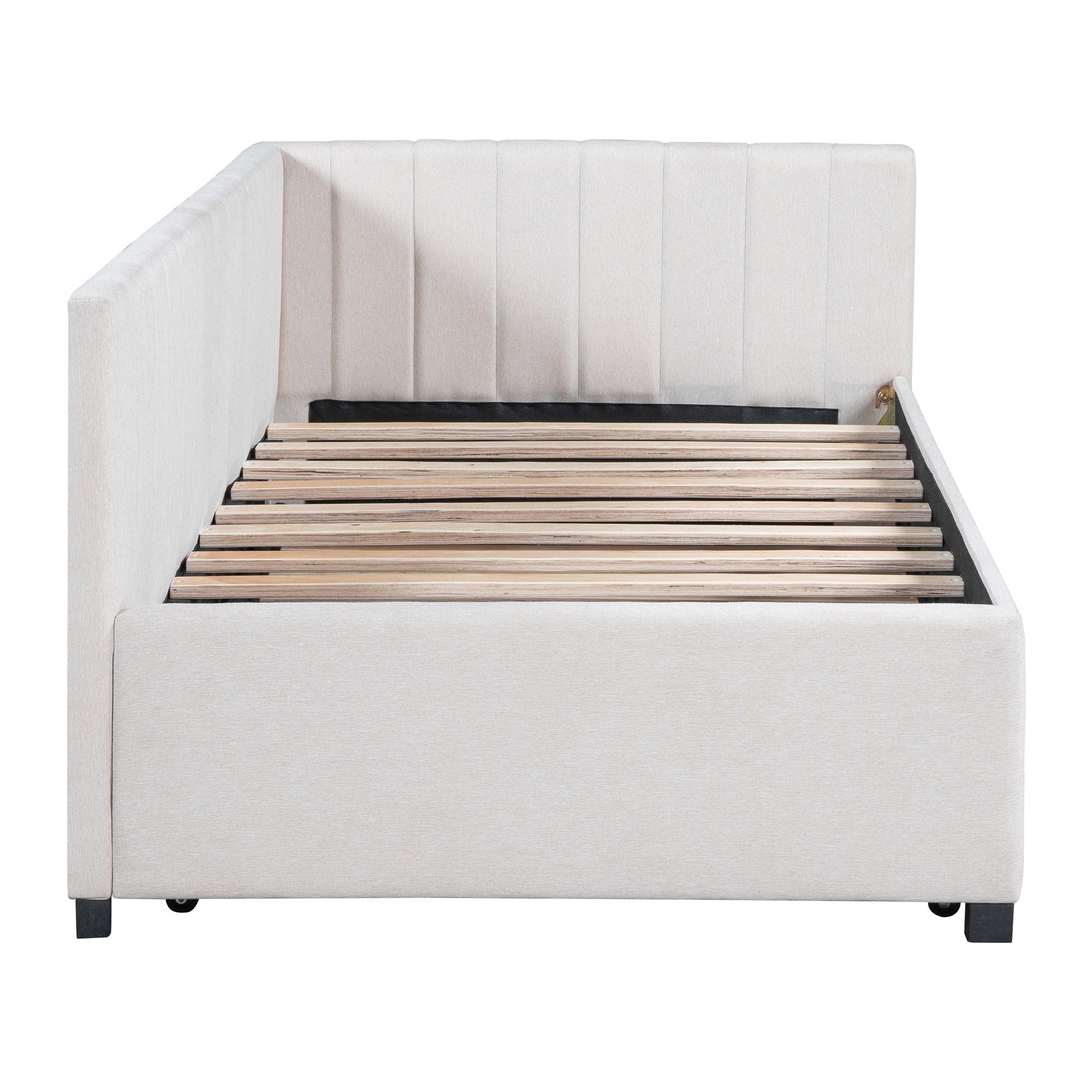 Upholstered Daybed with Trundle Twin Size Sofa Bed Frame No Box Spring Needed, Linen Fabric(Beige) - Atlantic Fine Furniture Melbourne FL