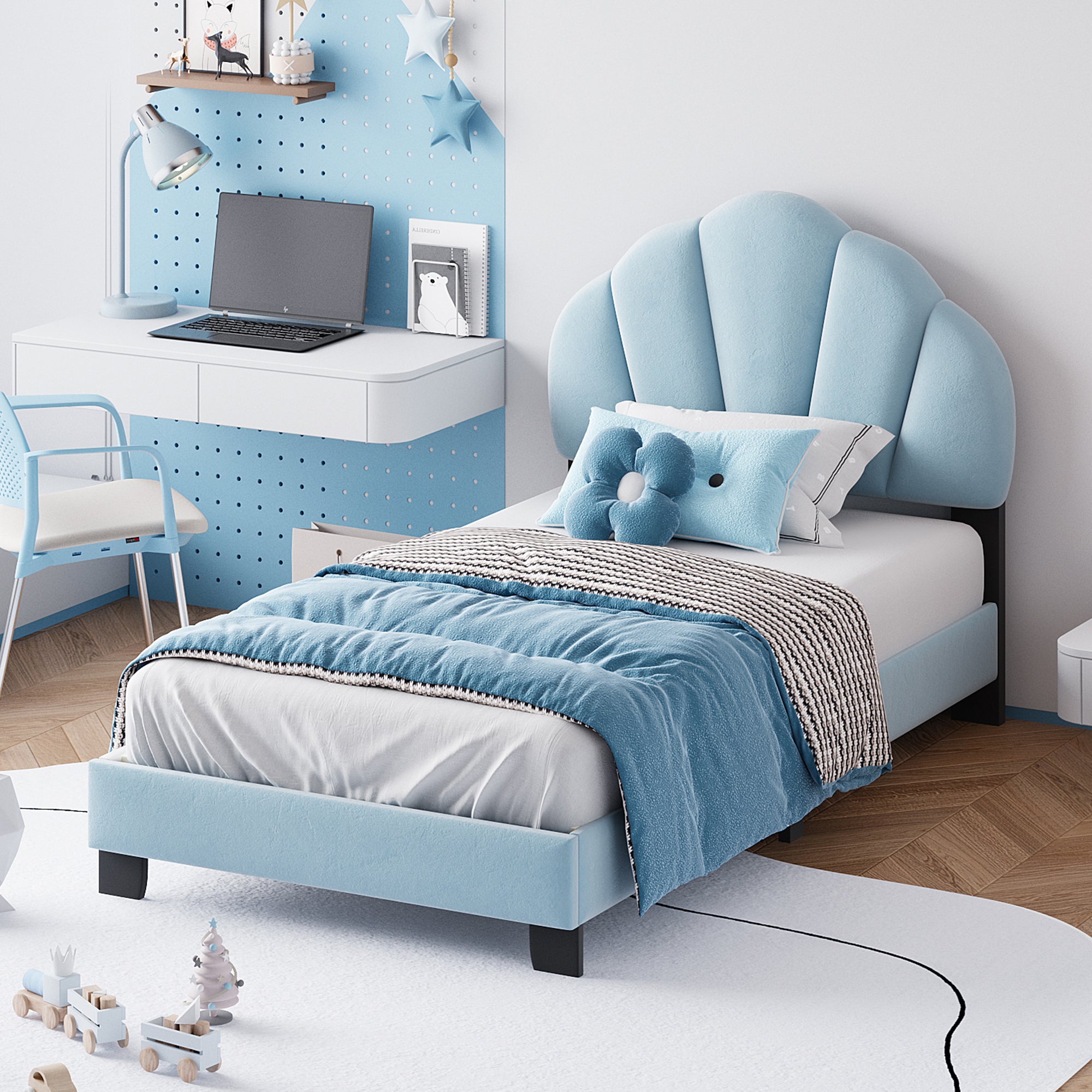 Twin Size Upholstered Velvet Platform Bed with Shell-Shaped Headboard, Blue - Atlantic Fine Furniture Melbourne FL