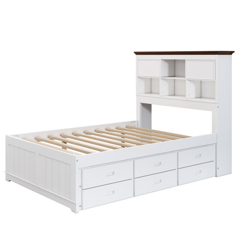 Full Solid Pine Captain Bookcase Bed With Trundle Bed And 3 Spacious Under Bed Drawers In Casual - White / Walnut