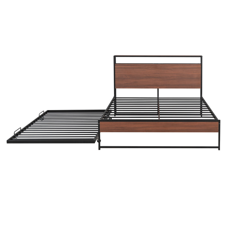 Full Size Metal Platform Bed Frame with Trundle, USB Ports and Slat Support ,No Box Spring Needed Black