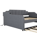 Full Size Upholstery Daybed with Trundle and USB Charging Design,Trundle can be flat or erected,Gray