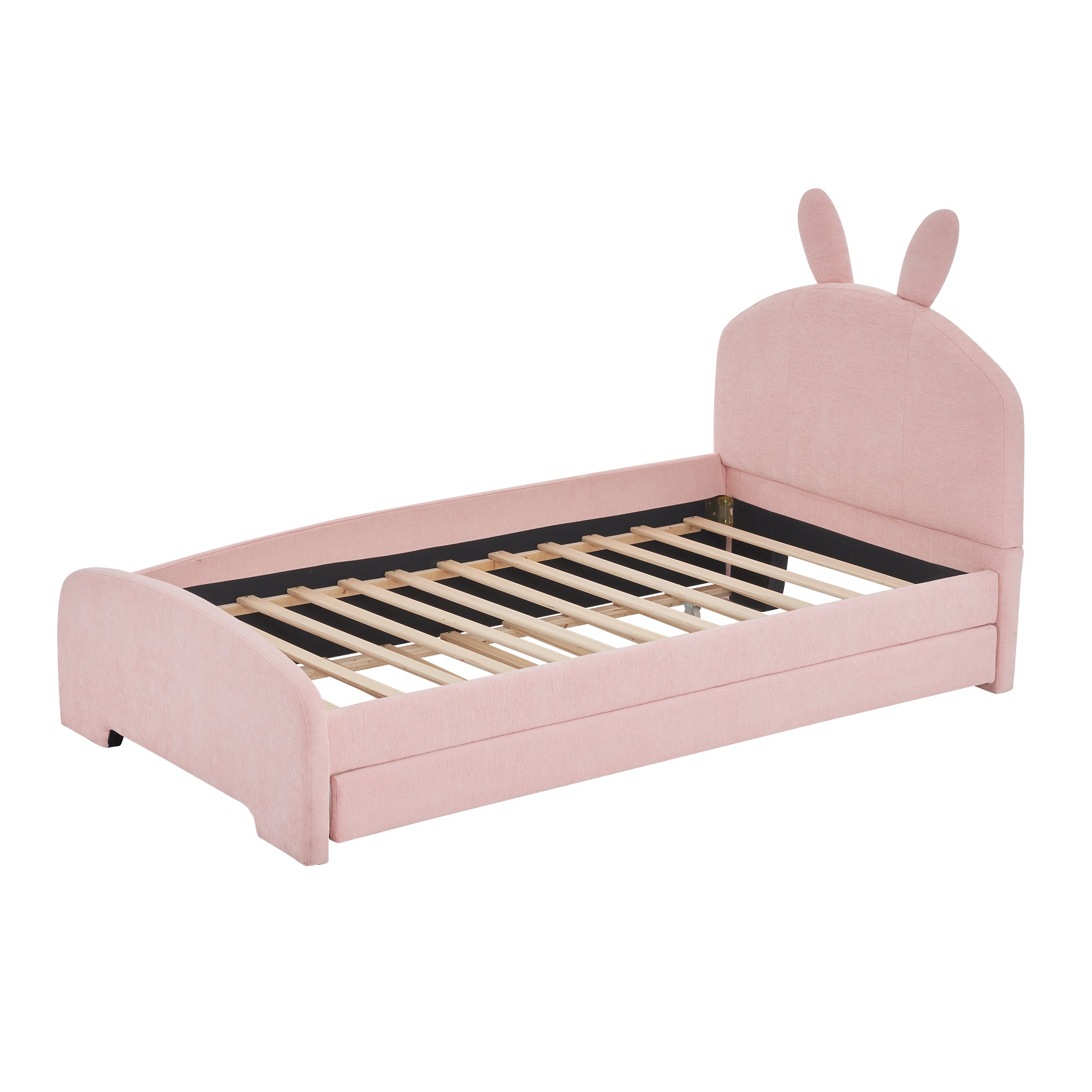 Twin Size Upholstered Platform Bed with Cartoon Ears Shaped Headboard and Trundle, Pink - Atlantic Fine Furniture Melbourne FL
