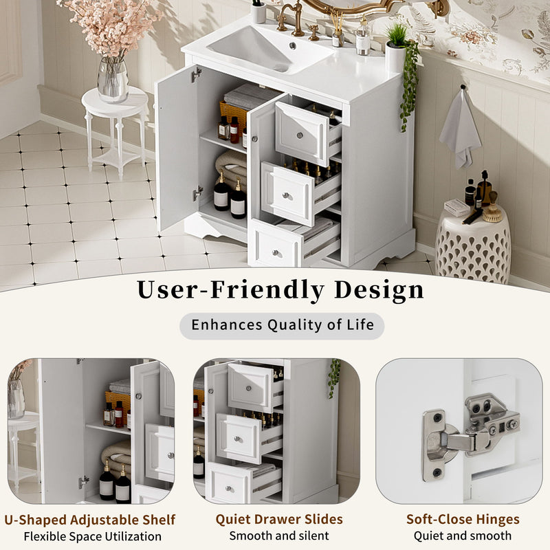 Bathroom Vanity With Sink, Soft-Close Doors, Adjustable U-Shelf, 3 Drawers
